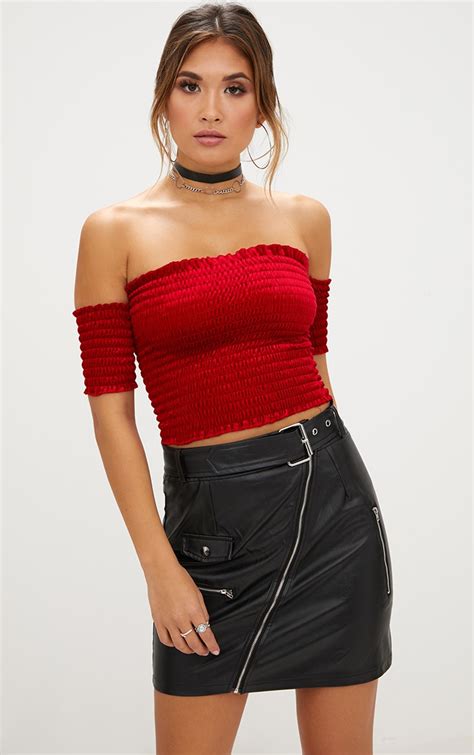 Red Shirred Velvet Bardot Crop Top Tops Prettylittlething Usa