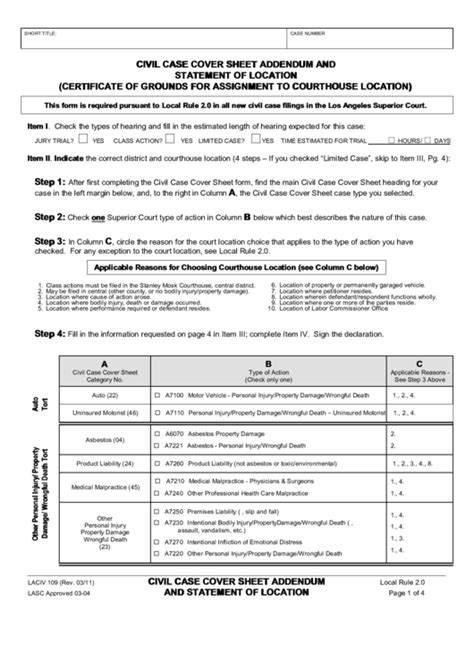 Fillable Civil Case Cover Sheet Addendum And Statement Of Location