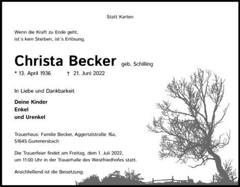 Traueranzeigen Von Christa Becker Wirtrauern