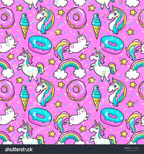 Seamless Pattern Unicorns Donuts Rainbow Confetti Stock Vector Royalty