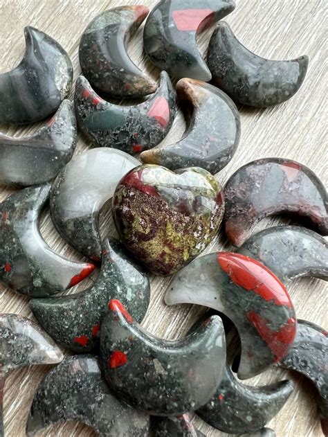 African Bloodstone Dragon Blood Stone Carved Heart Crescent Moon