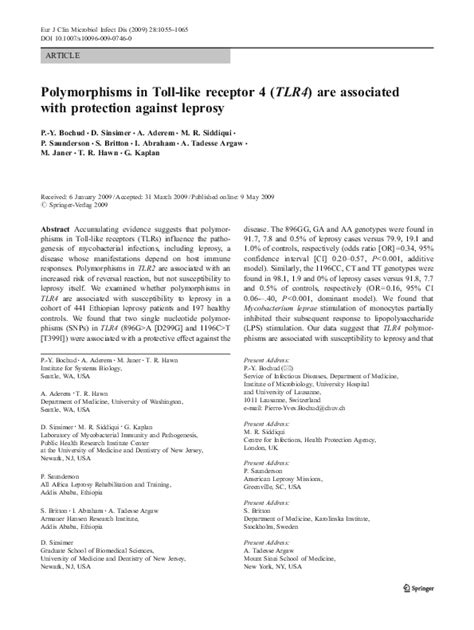 Pdf Polymorphisms In Toll Like Receptor 4 Tlr4 Are Associated With Protection Against