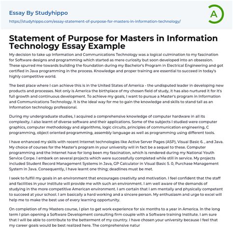 Statement Of Purpose For Masters In Information Technology Essay