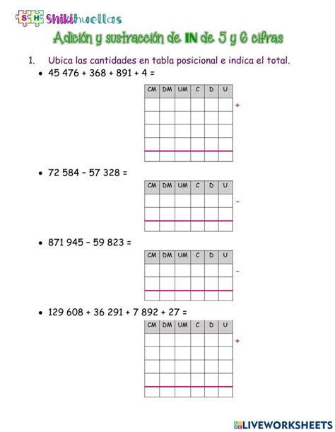 Adición y sustracción de 5 y 6 cifras worksheet Sustraccion