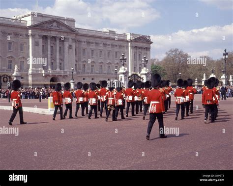 Tourists at changing guard ceremony back view men of British guards ...