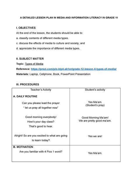 A Detailed Lesson Plan In Media And Information Literacy In Grade