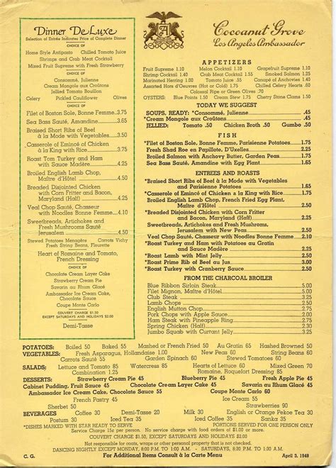 A 1948 Cocoanut Grove Dinner Menu Coconut Grove Dinner Menu