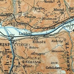 Antique 1913 Brig, Switzerland Map From Baedekers Guide Atlas Visp ...