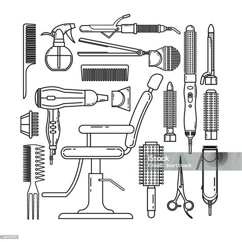 미용사 개체 흰색 배경 절연 선 집합입니다 헤어 살롱 장비 및 도구 로고 아이콘 드라이어 빗가 위 Hairclipper 컬링