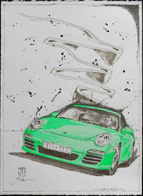 Porsche 911 S4 997 Green Drawing By Dirk F Becker