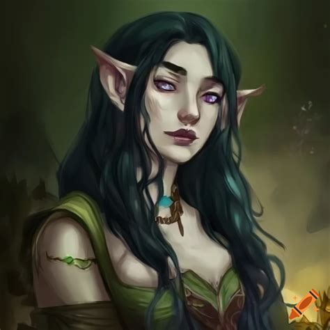 Captivating Half Elf Druid With Lustrous Purple Eyes And Flowing Black