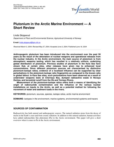 PDF Plutonium In The Arctic Marine Environment A Short Review