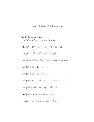 Long Division Of Polynomials Worksheet No 2 With Solutions Teaching Resources