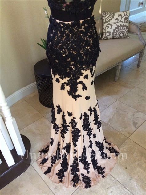 Illusion Neckline See Through Back Champagne Chiffon Black Lace Prom Dress