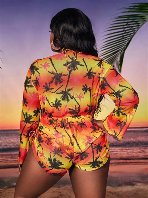 Plus Palm Tree Print Halter Triangle Bikini Swimsuit With Cover Up