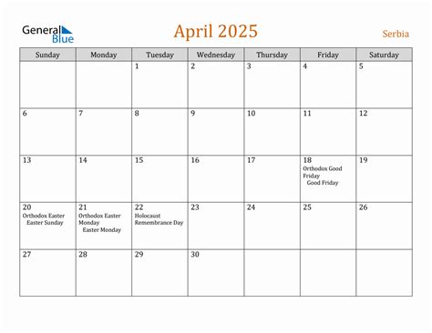 Free April 2025 Serbia Calendar