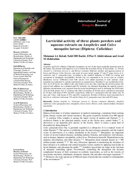 Pdf Larvicidal Activity Of Three Plants Powders And Aqueous Extracts