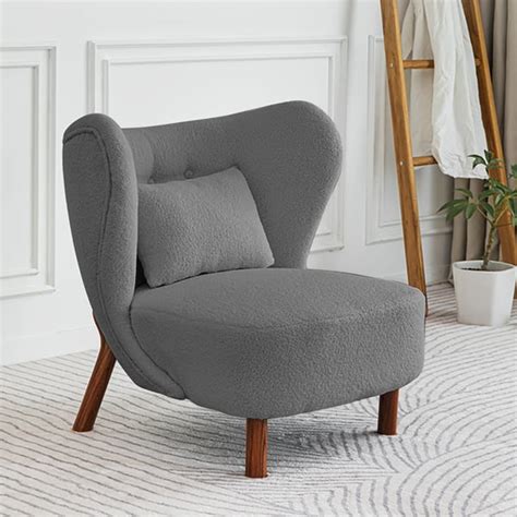 Gray Lamb Wool Accent Chair Wingback Chair In Wooden Frame Homary