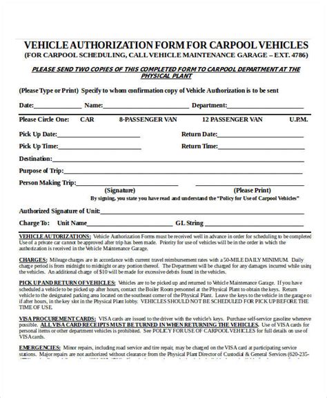 Free Vehicle Authorization Form Samples Pdf Ms Word Google Docs