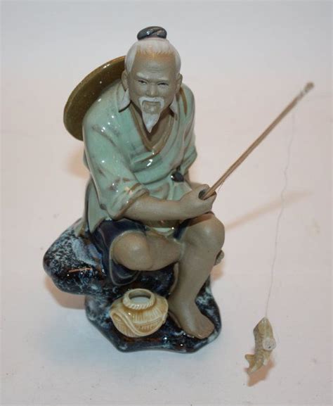 Vintage Chinese Shiwan Art Pottery Mud Man Fisherman With Fishing Pole