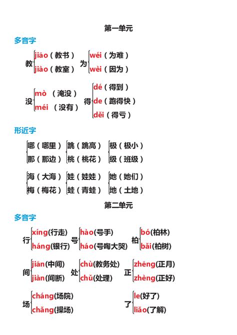 语文 部编二年级语文上册多音字 形近字组词汇总 pdf版 学案下载预览 二一课件通