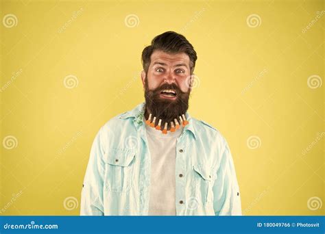 Man Clothespin On Beard Brutal Hipster With Clothespin With Hearts