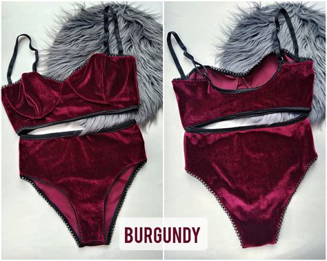 Burgundy Velvet Lingerie Set Soft Cup Balconette Top Retro Etsy