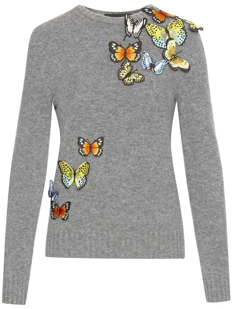 Oscar De La Renta butterfly appliqué crew neck Jumper Farfetch