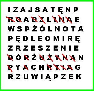 Wykreśl z poziomych rzędów litery tworzące wyrazy które są nazwami