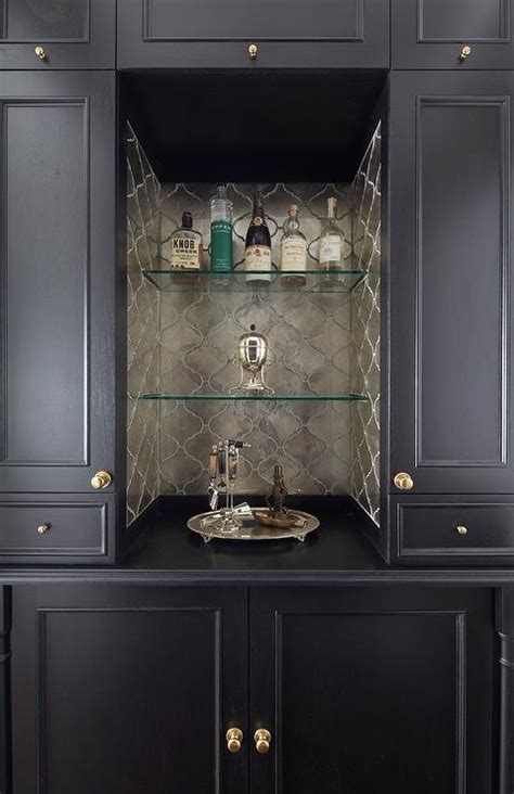 Dark Stained Bar Cabinet With Mirrored Subway Tile Backsplash Contemporary Kitchen