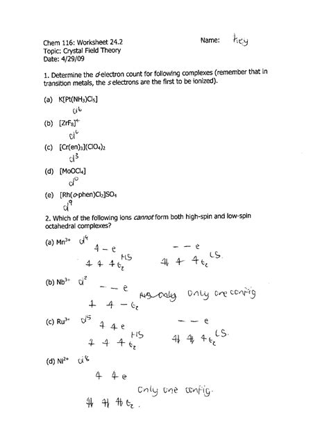 Crystal Field Theory Worksheet 24 with Key Answers | CHEM 116 ...