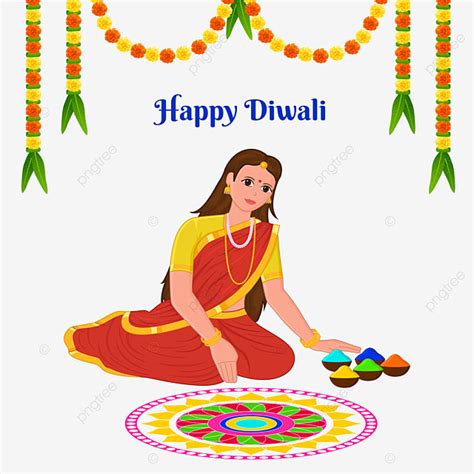 Diwali Rangoli Vector Hd Images, Woman Making Rangoli For Diwali ...