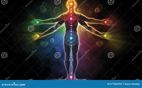 Diagrama De Chakra Del Cuerpo Humano Sobre Fondo Negro Stock De