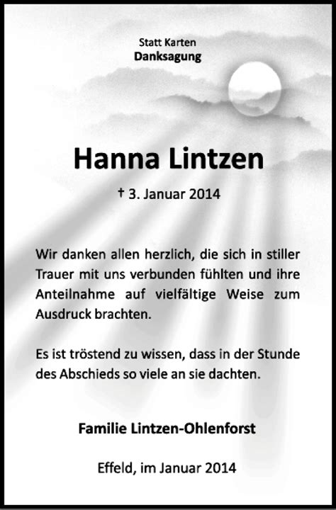 Traueranzeigen Von Hanna Lintzen Aachen Gedenkt