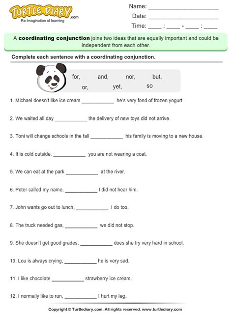 Coordinating Conjunctions Turtle Diary Worksheet