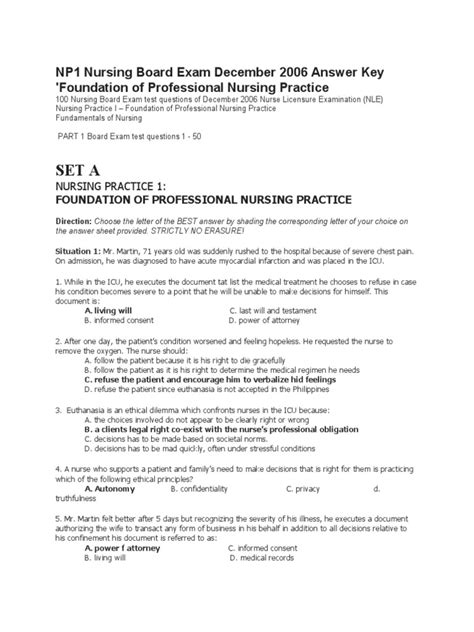 Np1 Nursing Board Exam December 2006 Answer Key Foundation Of Professional Nursing Practice