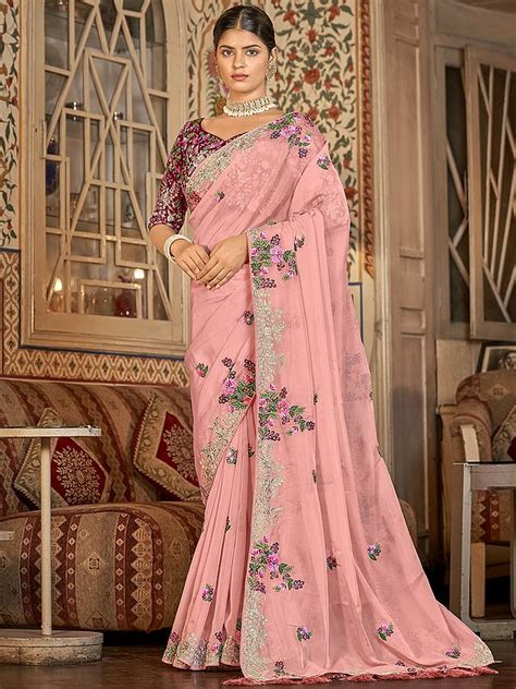 Baby Pink Organza Saree With Art Silk Blouse And Floral Bail Zari