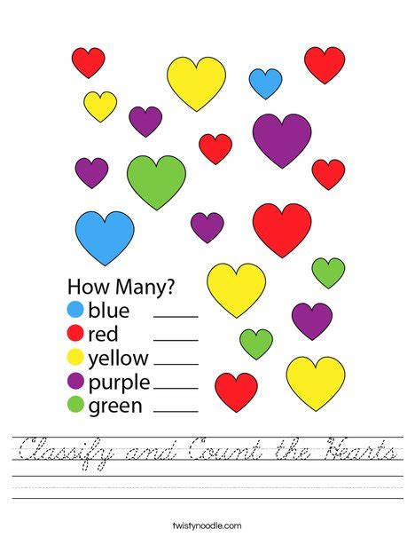 Classify And Count The Hearts Worksheet Cursive Twisty Noodle