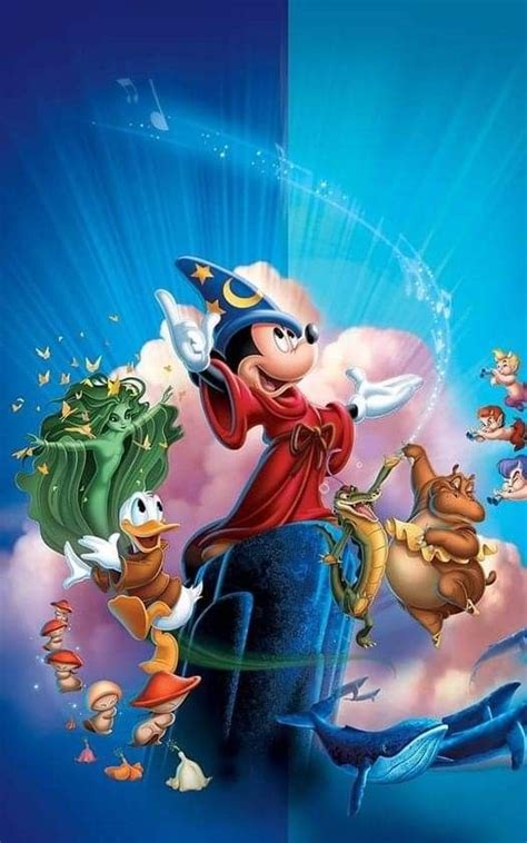 Mickey Mouse Flying In The Sky With Many Other Cartoon Characters