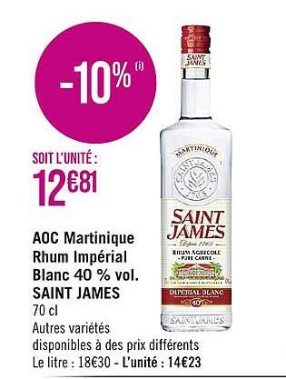 Promo Aoc Martinique Rhum Impérial Blanc 40 Vol Saint James chez