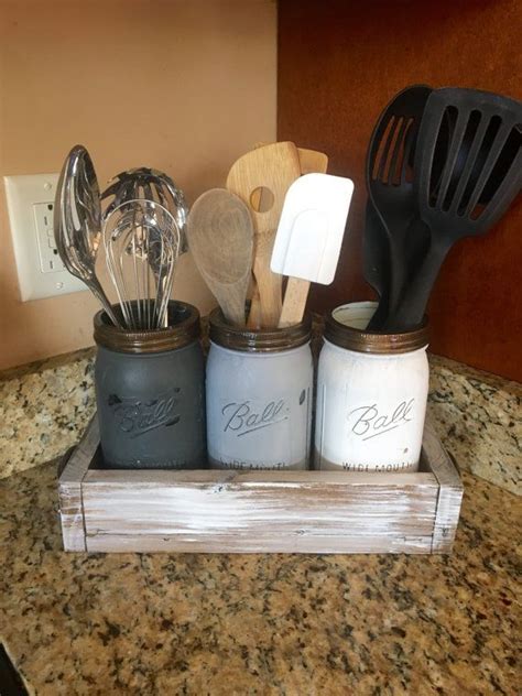 Mason Jar Utensil Holder Utensil Caddy Rustic Kitchen Storage Mason