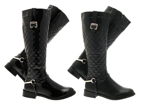 Womens Stirup Quilted Wide Calf Riding Boots Knee High Ladies Black