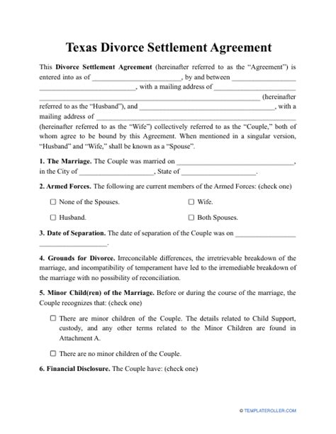 Texas Divorce Settlement Agreement Template Fill Out Sign Online And Download Pdf