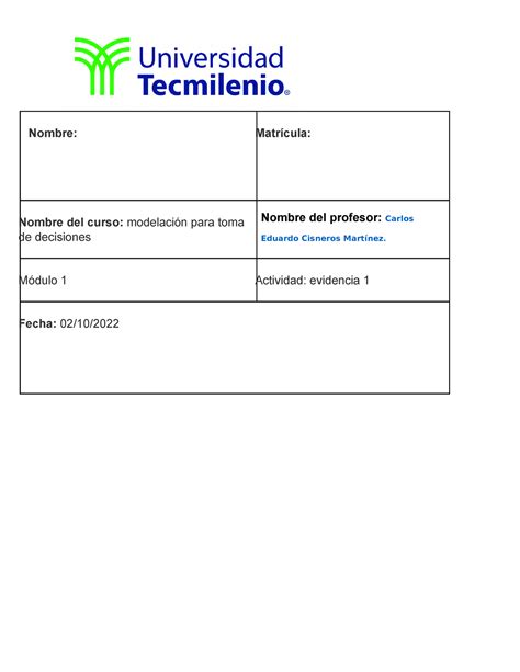 Evidencia Modelacion Nombre Matr Cula Nombre Del Curso