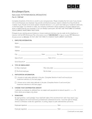 Fillable Online Enrollment Form Enr Ollment Form Name Of Plan Fax Email