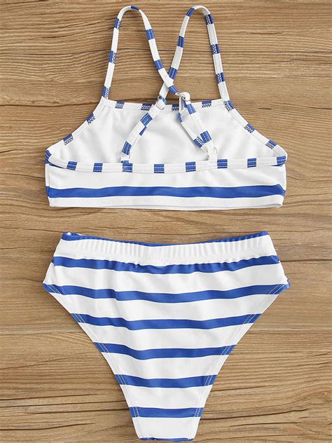 Wholesale White Blue Stripe Bikini Set Ki