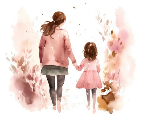 Una Pintura De Acuarela De Una Madre Y Su Hija Caminando Por El Parque