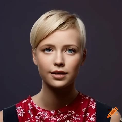 Photorealistic Portrait Of Beautiful Happy Girl Neat Short Blonde Hair Freshly Cut Very Big