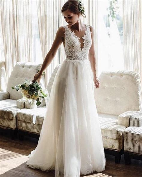 Bohemian Lace Applique Beach Wedding Boho Wedding Dress Sheer V