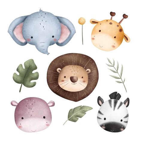 Ilustra O De Aquarela Set De Cabe As De Animais De Saf Ri E Folhas